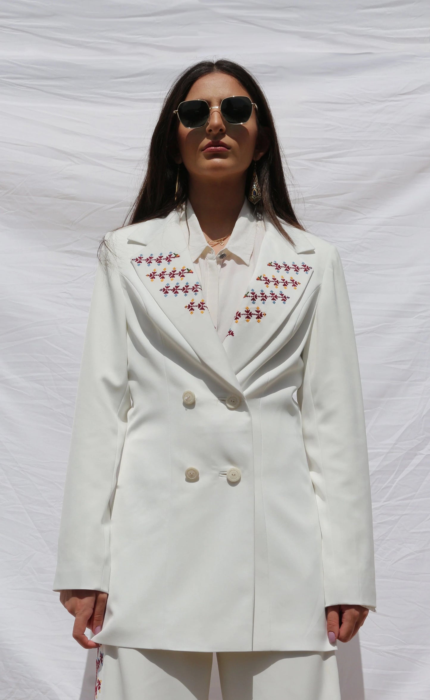 Hand-Embroidered Custom-made Women Pant Suit in Pearl White Deerah