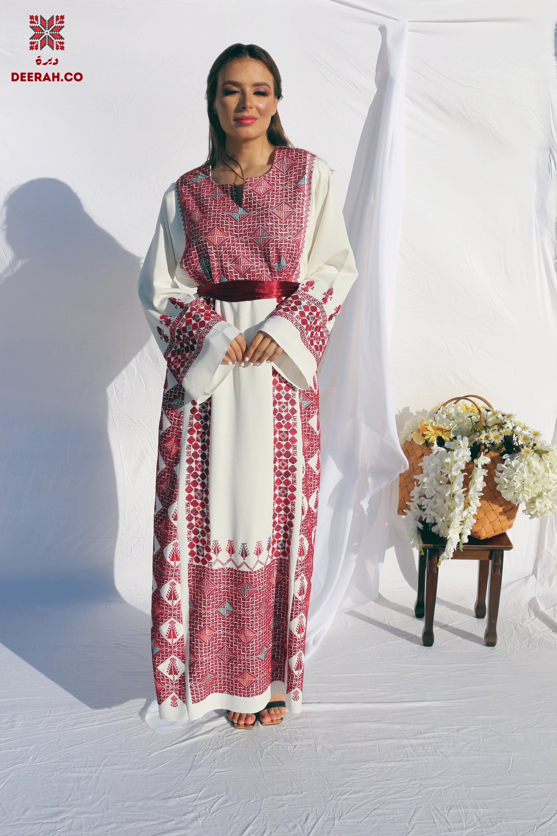 Eman - Hand Embroidered White Palestinian Wedding Dress Deerah