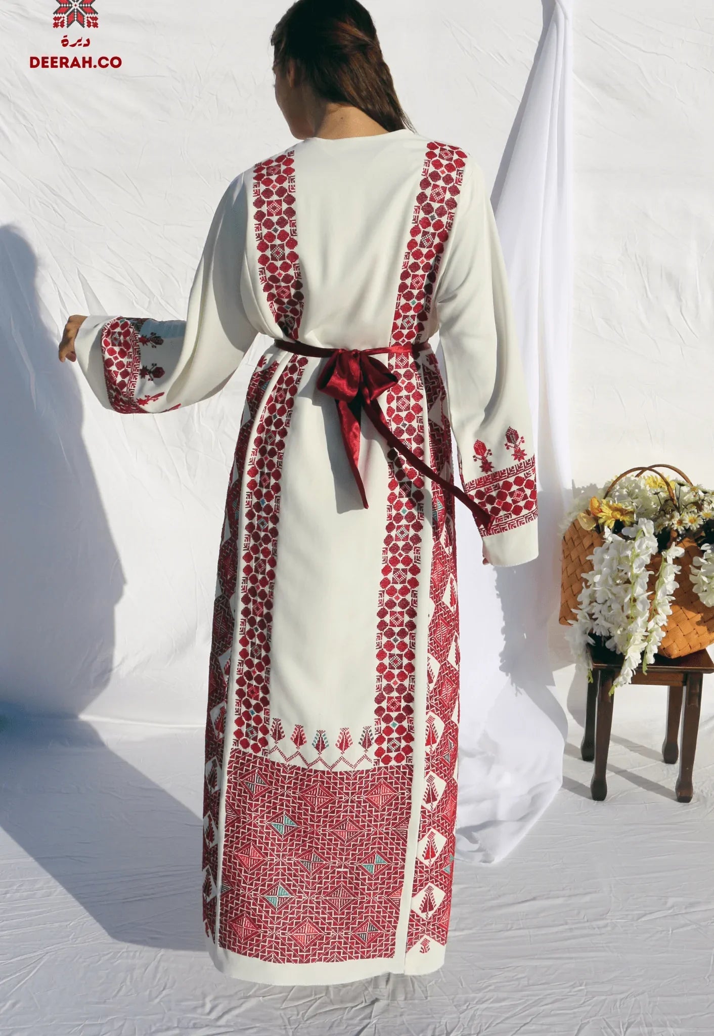 Eman - Hand Embroidered White Palestinian Wedding Dress Deerah