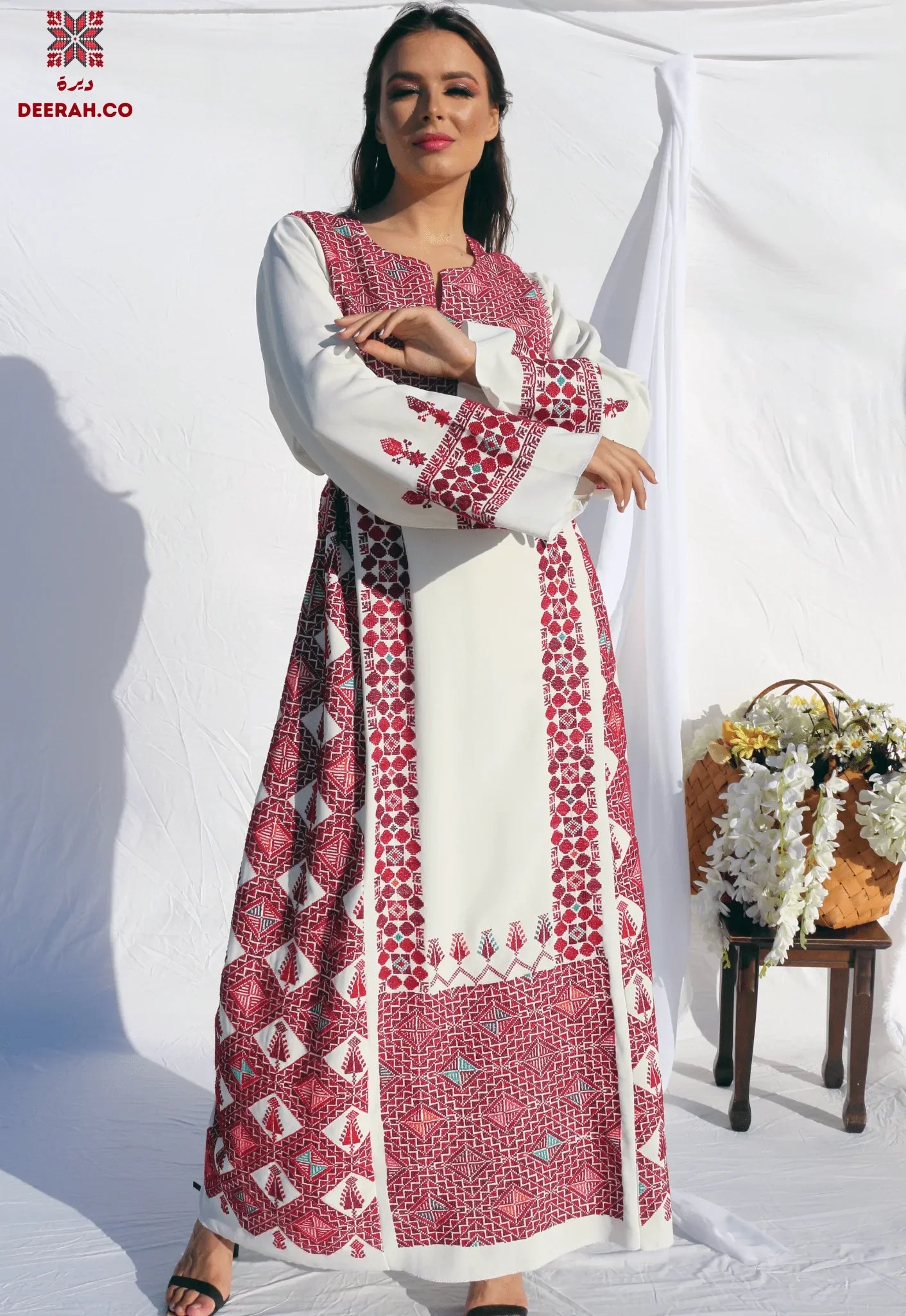 Eman - Hand Embroidered White Palestinian Wedding Dress Deerah