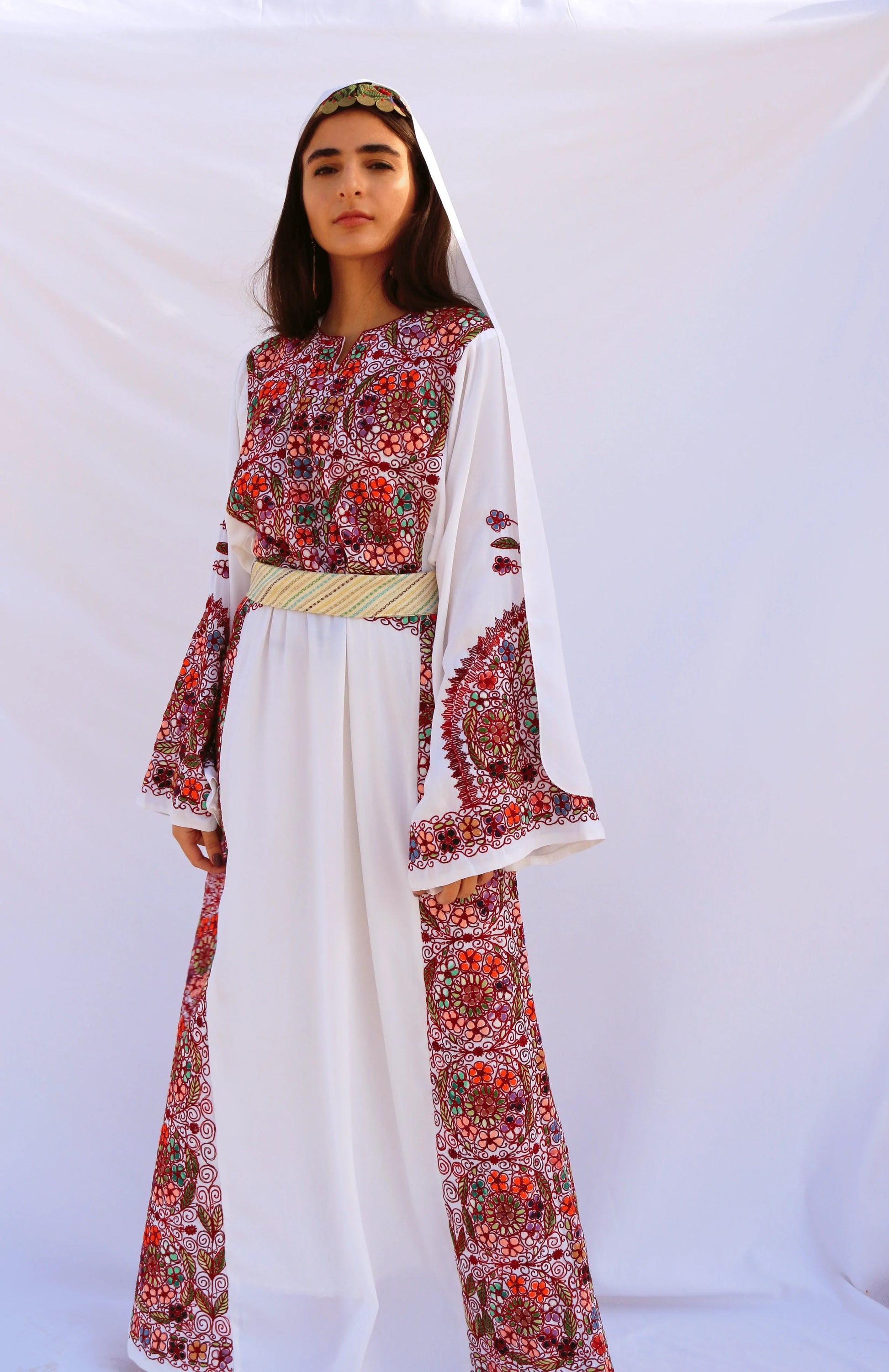 palestinian embroidered dress Vintage Palestinian Handmade Thobe Embroidered Dress With Belt Light Blue Velvet