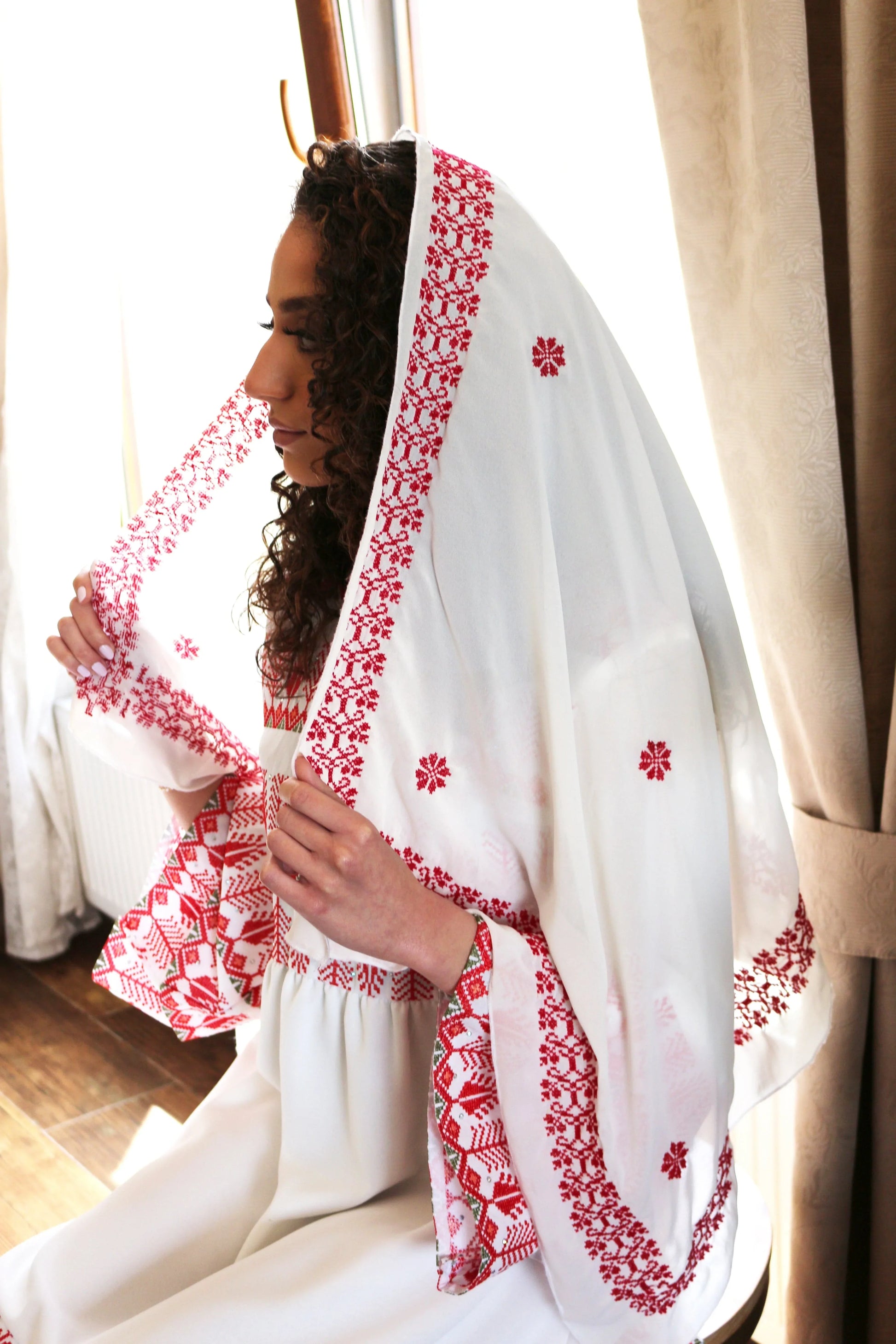 Red Hand-Embroidered Wedding Shawl Deerah