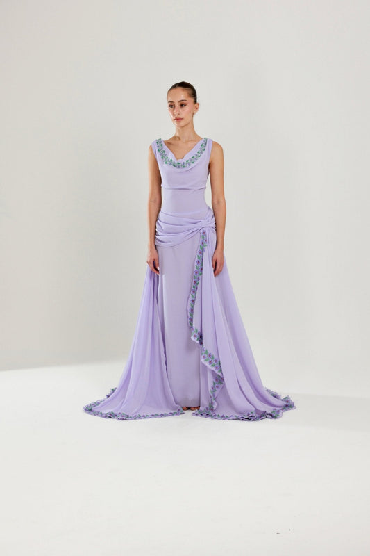 The Layan Hand-Embroidered Lavender Chiffon Dress - Deerah