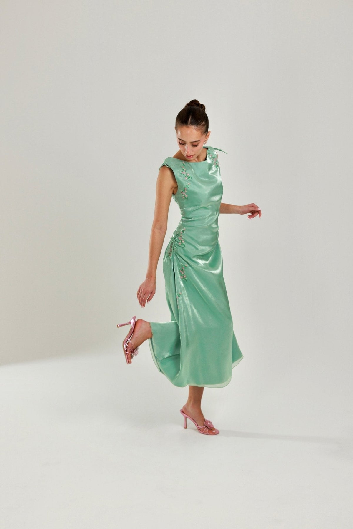 The Tala Hand Embroidered Sage Green Dress - Deerah