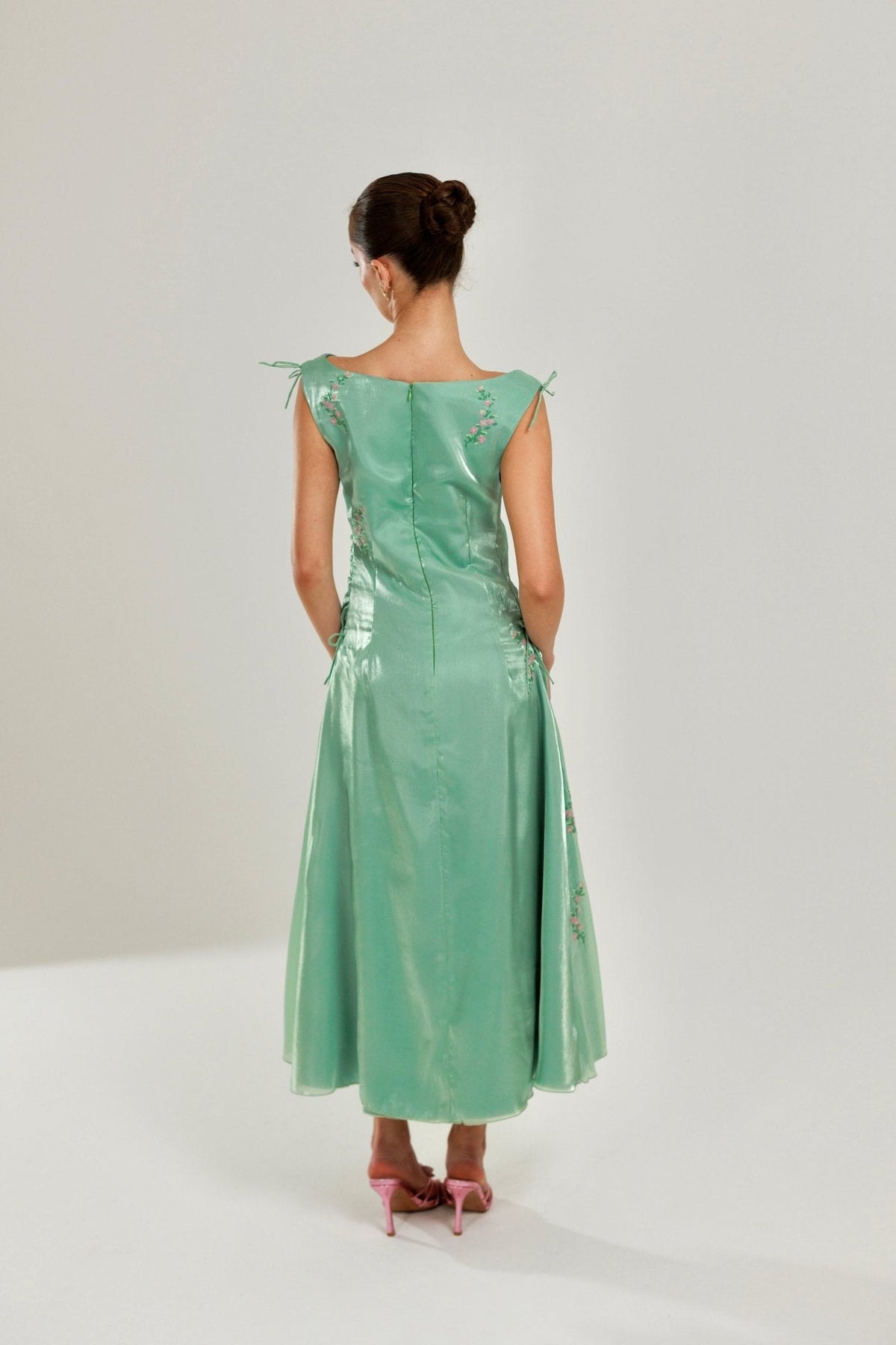 The Tala Hand Embroidered Sage Green Dress - Deerah