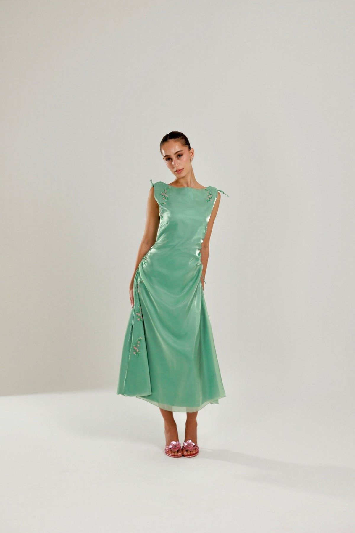 The Tala Hand Embroidered Sage Green Dress - Deerah