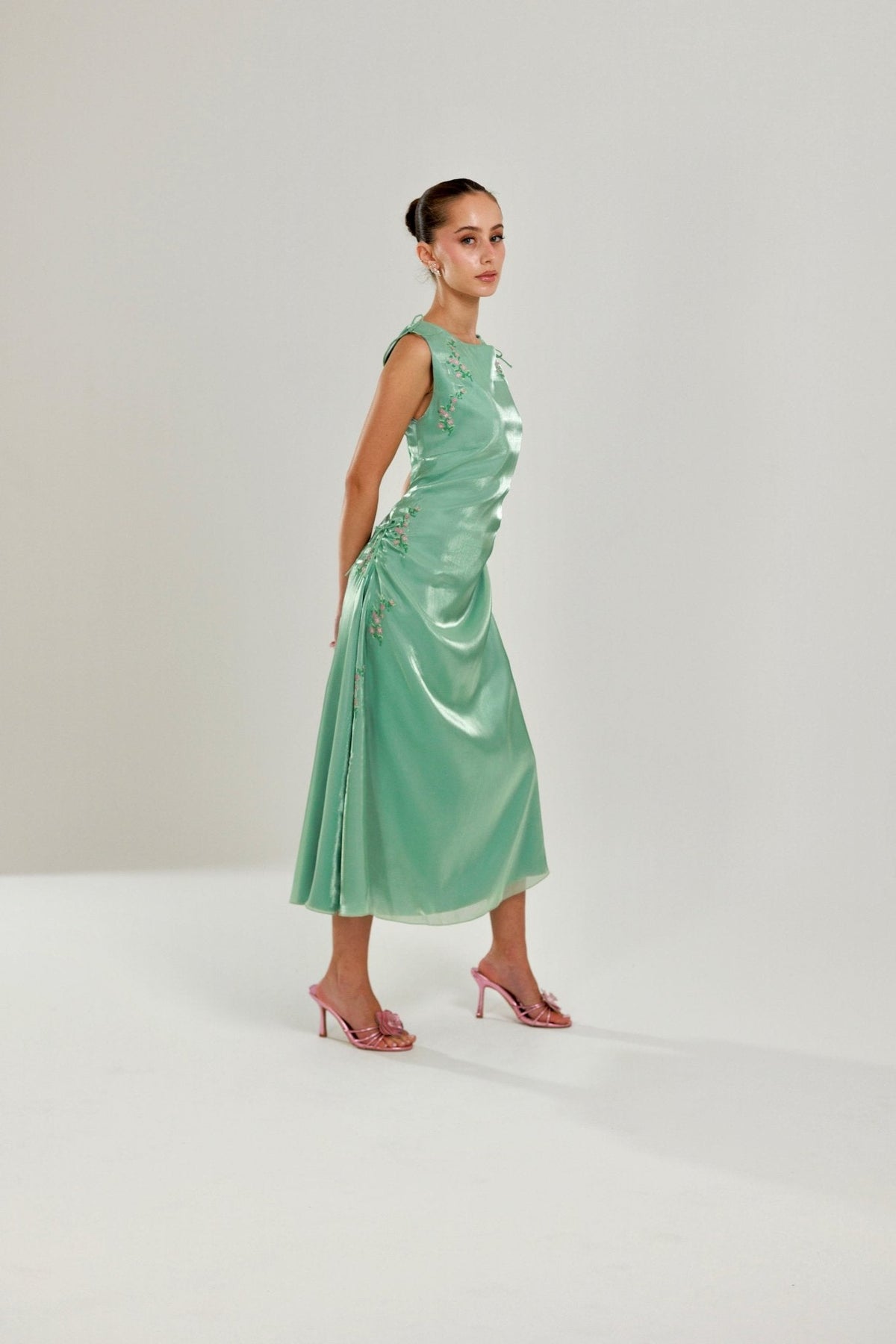 The Tala Hand Embroidered Sage Green Dress - Deerah